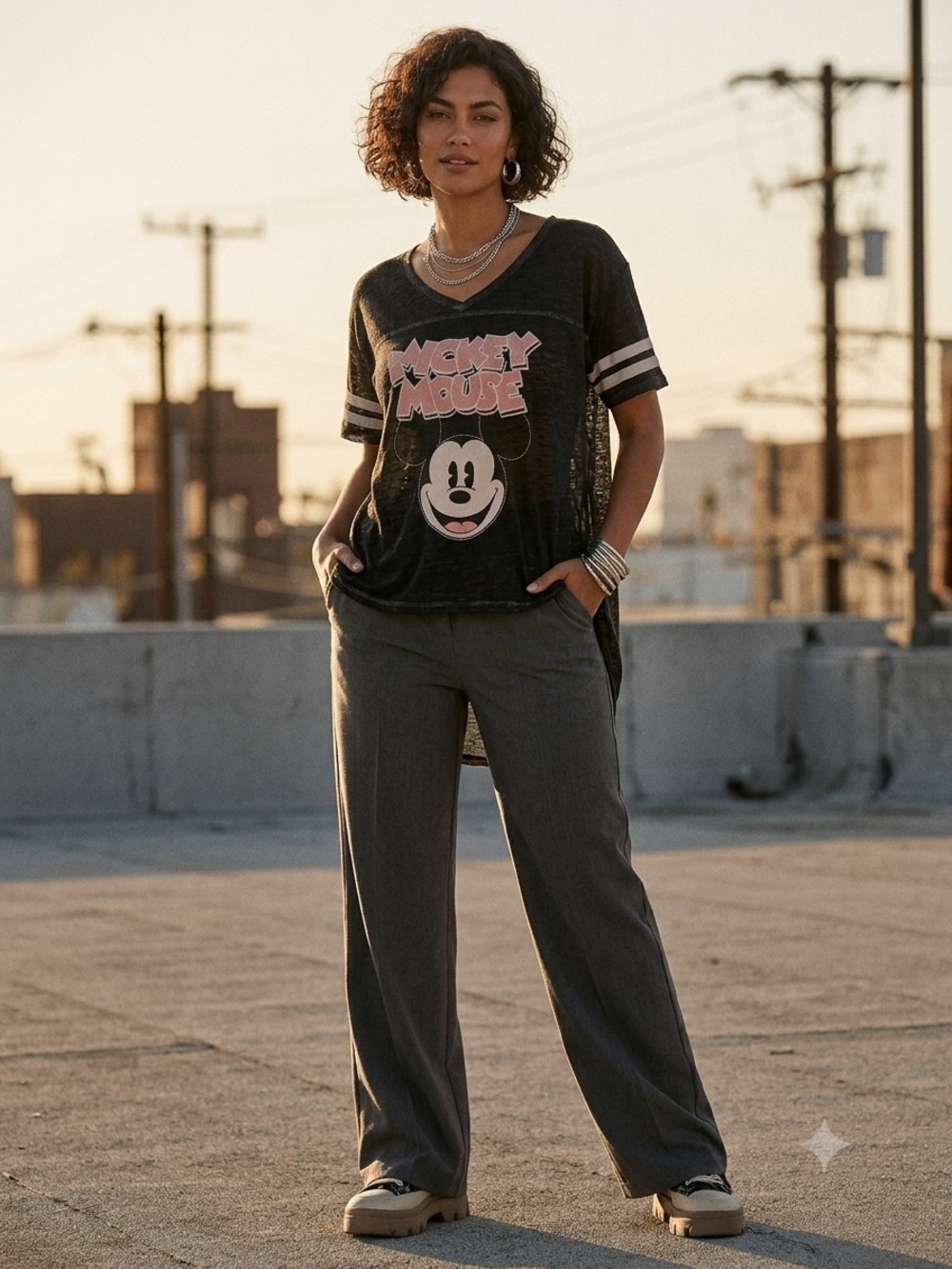 Disney Mickey Mouse Graphic Tee - V-Neck Casual Top